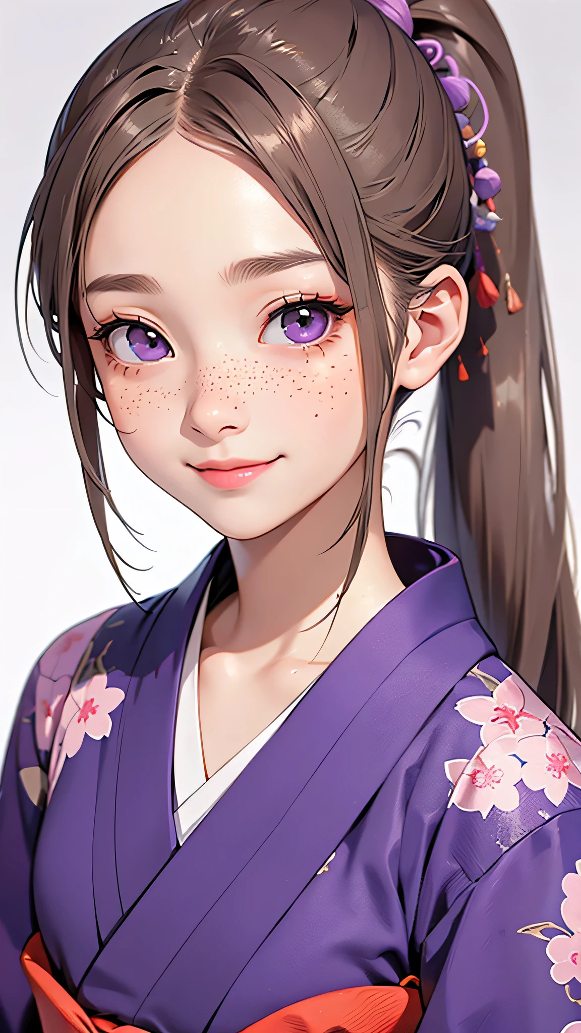 highest quality、Realistic、girl、Japanese、zoom、cute、Gray Eyes、Chestnut Hair、Long Ponytail、Purple kimono、Japanese clothing、Face close-up、smile、thin、Small breasts、freckles