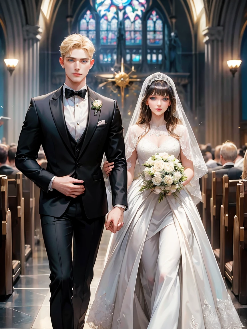 Couple, 1 girl 1 boy, different hair colors, long
black wavy hair with bangs and black eyes, luxury wedding, short blonde hair and (bright blue eyes).formal wedding jacket and black pants, different heights, detailed eyes, looking audience. The man grins and the
woman looks sad. Church background