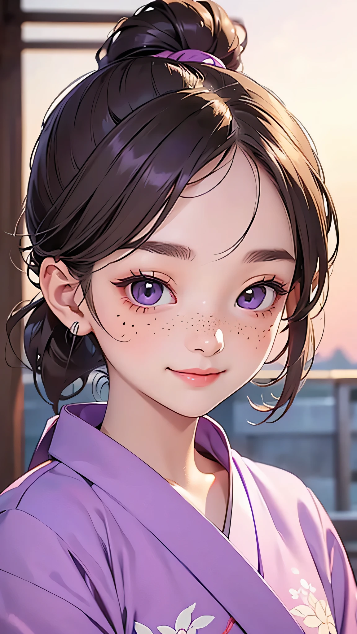 highest quality、Realistic、girl、Japanese、zoom、cute、Gray Eyes、Chestnut Hair、Long Ponytail、Purple kimono、Japanese clothing、Face close-up、smile、thin、Small breasts、freckles
