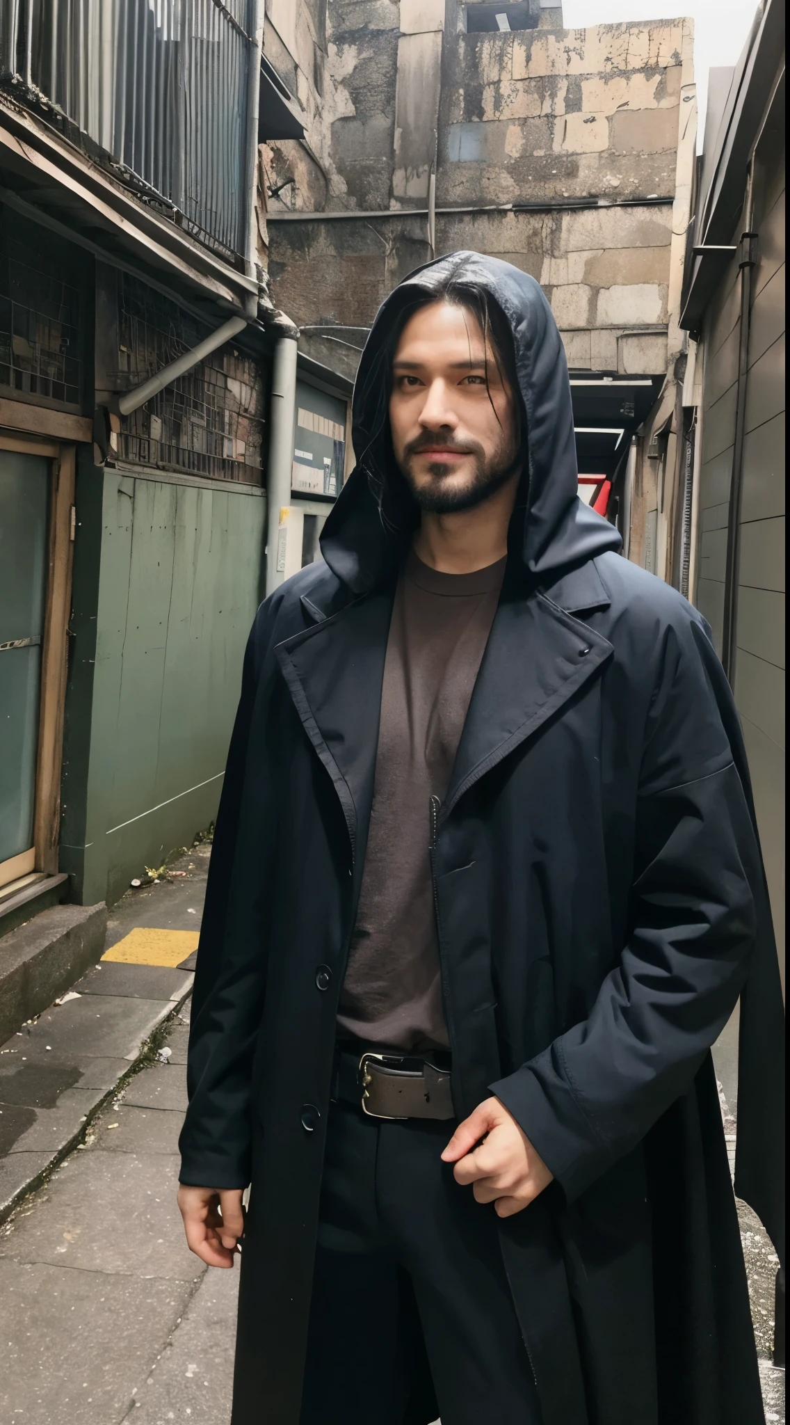 Male,Middle Adulthood,Fit,Strong,Hourglass Body,Average Legs,Wearing a dark, tattered cloak that billows ominously around him, concealing his form in the shadows,His face is weathered and marked by a lifetime of nefarious deeds, with cold, calculating eyes that gleam with malice,His sinister grin reveals rows of sharp, yellowed teeth, sending shivers down the spine of anyone who meets his gaze,His stance is predatory, with a confident swagger that belies his murderous intent, his movements deliberate and methodical as he stalks his prey,Surrounded by a foreboding atmosphere, with dimly lit alleyways and abandoned buildings looming ominously in the background, adding to the sense of impending doom