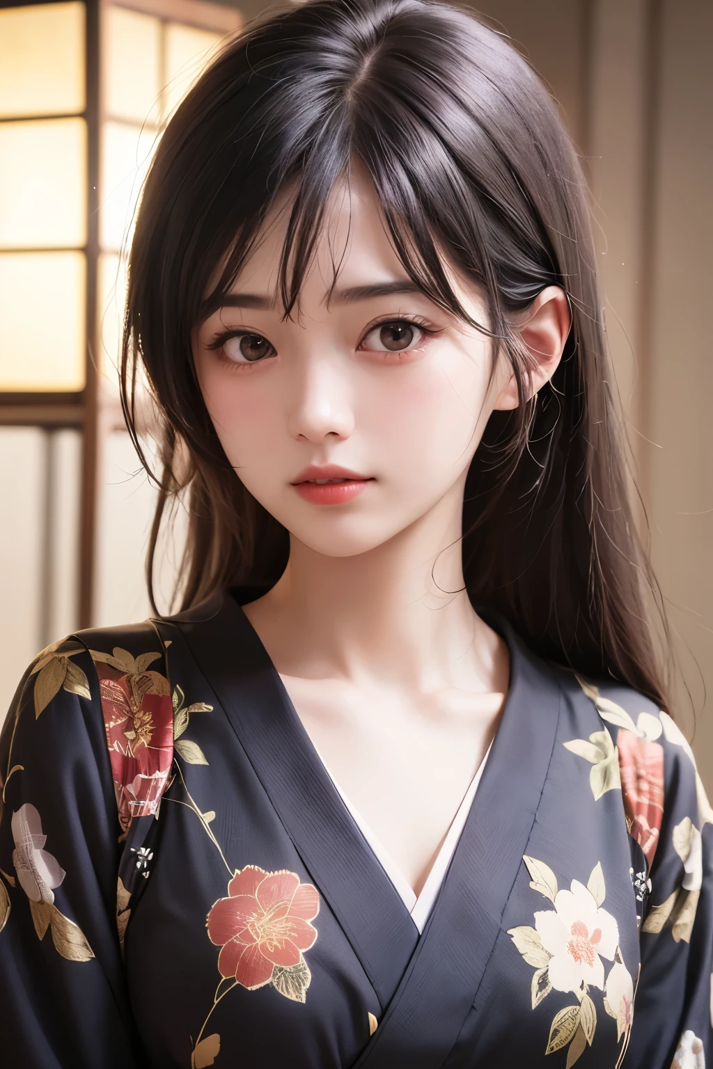 (1 nogizaka girl,raw photo,photo realistic:1.5),(best quality, high quality,HDR, highest quality,ultra high resolution,high resolution,high res,ultra high difinition,huge file size,8K,2K wallpaper,8K wallpaper,high quality texture,amazing,an extremely delicate:1.4),one girl, Japanese famous idol,beautiful face,small face,absurd,ridiculous,incredibly ridiculous,portrait,breasts close up,blurry background,(hanfu,cleavage,no makeup:1.2),medium skin,beautiful skin,detailed skin,small head,black hair,silky hair,(Japanese eyes,round eyes:1.5),detailed eyes,black eyes,Japanese idol eyes,perfectly propotioned face,Japanese nose,5-fingers,(Light Particles, Lens Flare, Luminous Particles: 0.7),looking at viewer,bright lighting,professional lighting,girl