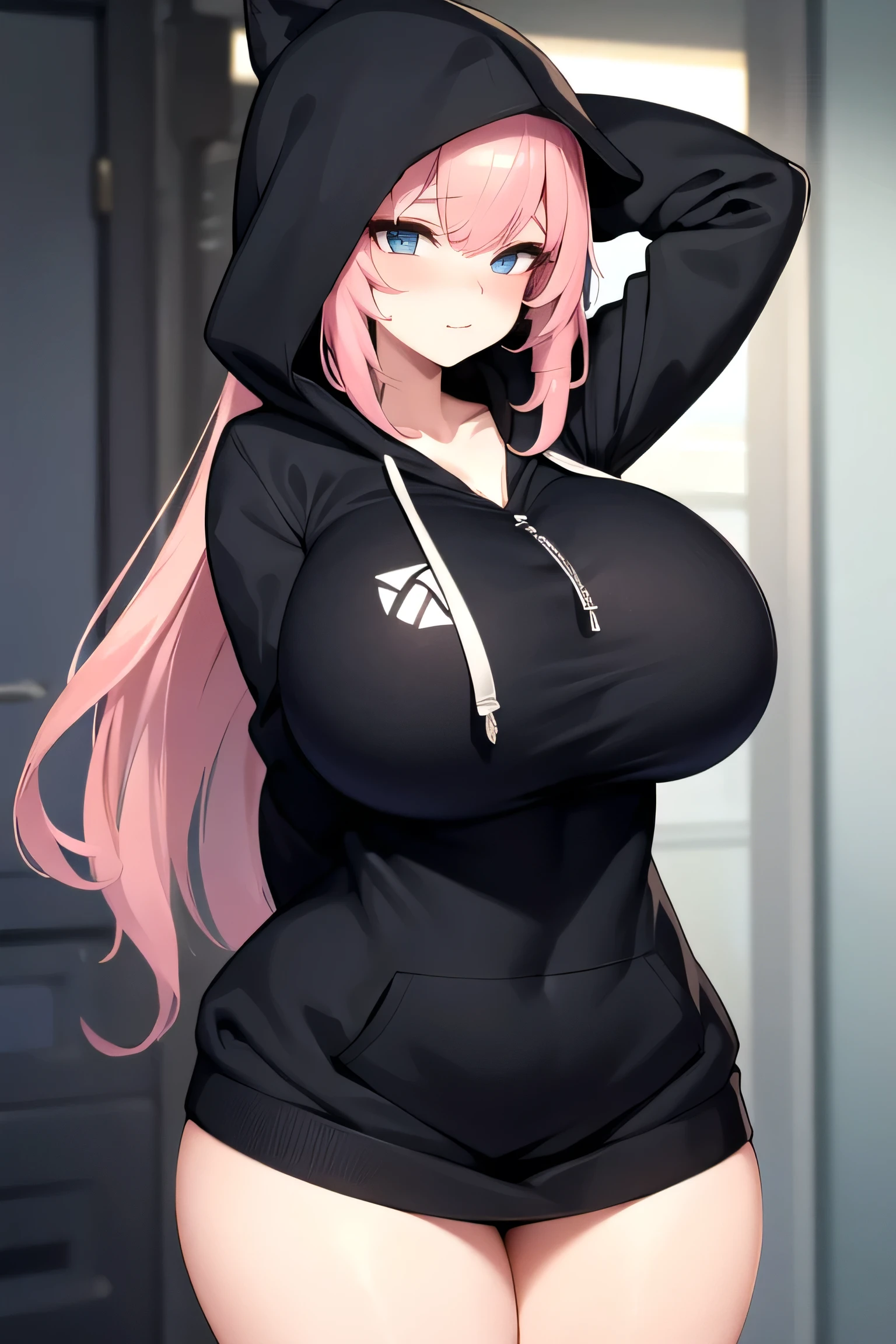 A stunning and seductive woman in a black hoodie with a brand on her chest, her enormous breasts covered by the hoodie, glanced shyly over her shoulder.