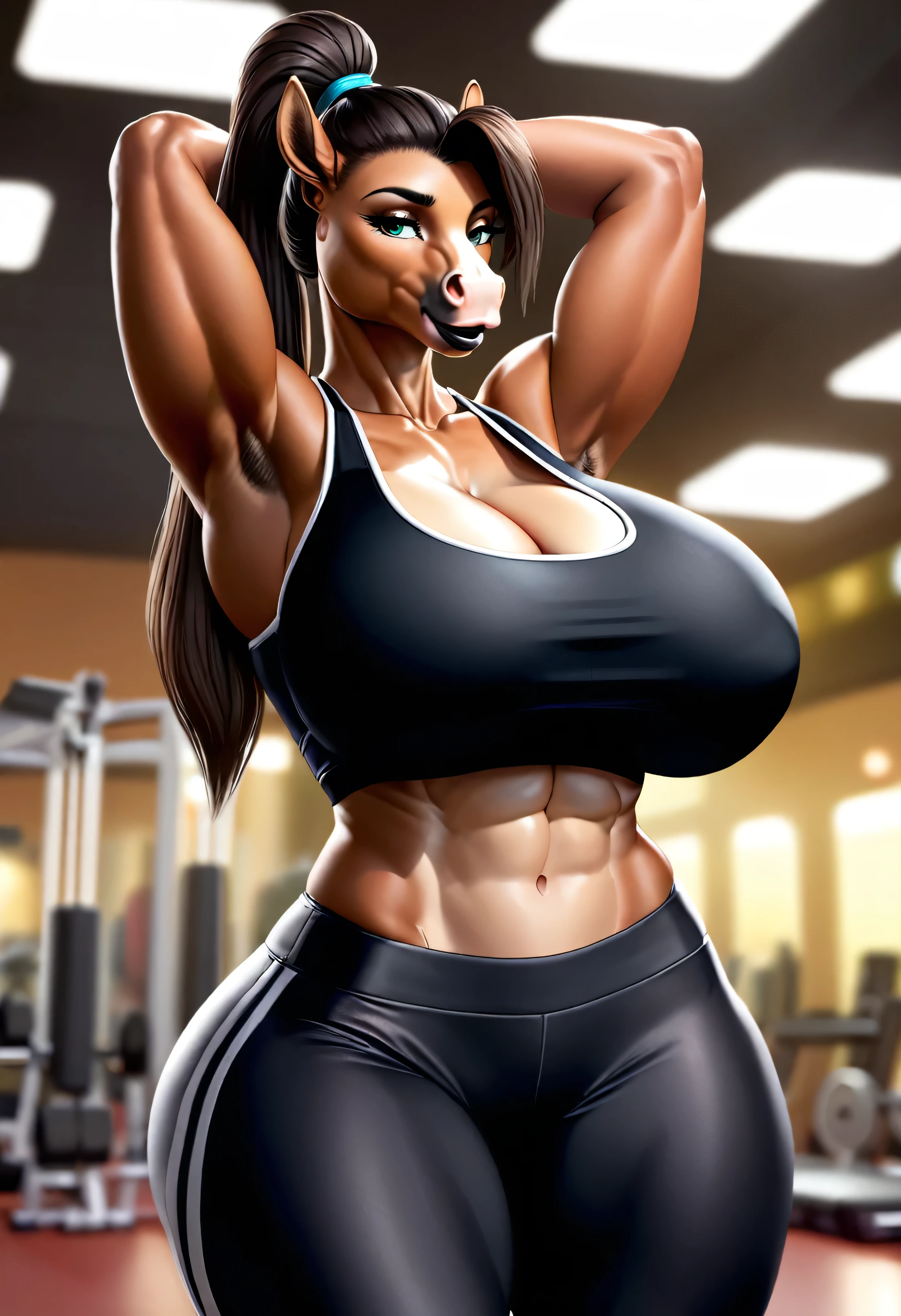 4k highly detailed realistic digital extremely high quality drawing, masterpiece, (by keeltheequine), (uploaded on e621), (a full-body portrait of a female anthro horse), ((stretching in a gym)), ((wearing a sexy sports bra and tight yoga pants)), (beautiful and detailed eyes:1.1), (thick black lips), (ponytail hair), detailed fur, seductive, sexy, voluptuous, curvy body, hourglass figure, huge breasts, muscles, cinematic lighting, (f1.8 short focus bokeh)