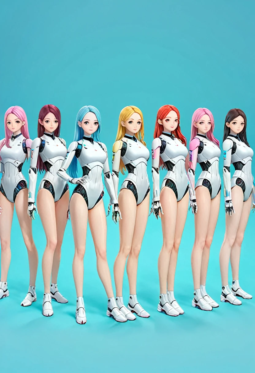 Lots of female androids,
 All are cute and pretty,
 All heights、hair color、Different systems,
 All of them have different top and bottom shapes. Full body shot,
 Masterpiece,
 Group selfie