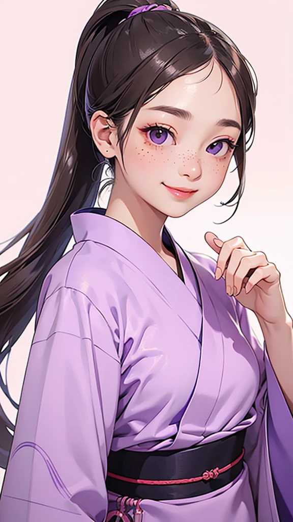 highest quality、Realistic、girl、Japanese、zoom、cute、Gray Eyes、Chestnut Hair、Long Ponytail、Purple kimono、Japanese clothing、naked、Face close-up、smile、thin、Small breasts、freckles
