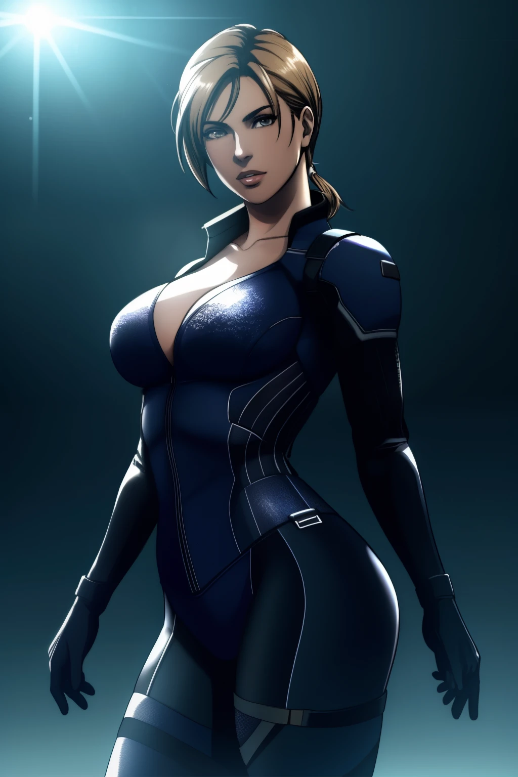 Jill Valentine RE5, 1 chica, solo, 8k, professional lighting, mapeo de fotones, radiosidad, physics based rendering, 4k, high resolution, obra maestra, mejor calidad, piel finamente detallada, Sharp focus, (cinematic lighting), clavicle, Soft lighting, al aire libre, mono, piel apretada, cabello rubio,, enfoque de espalda, mirando al espectador, cuerpo completo