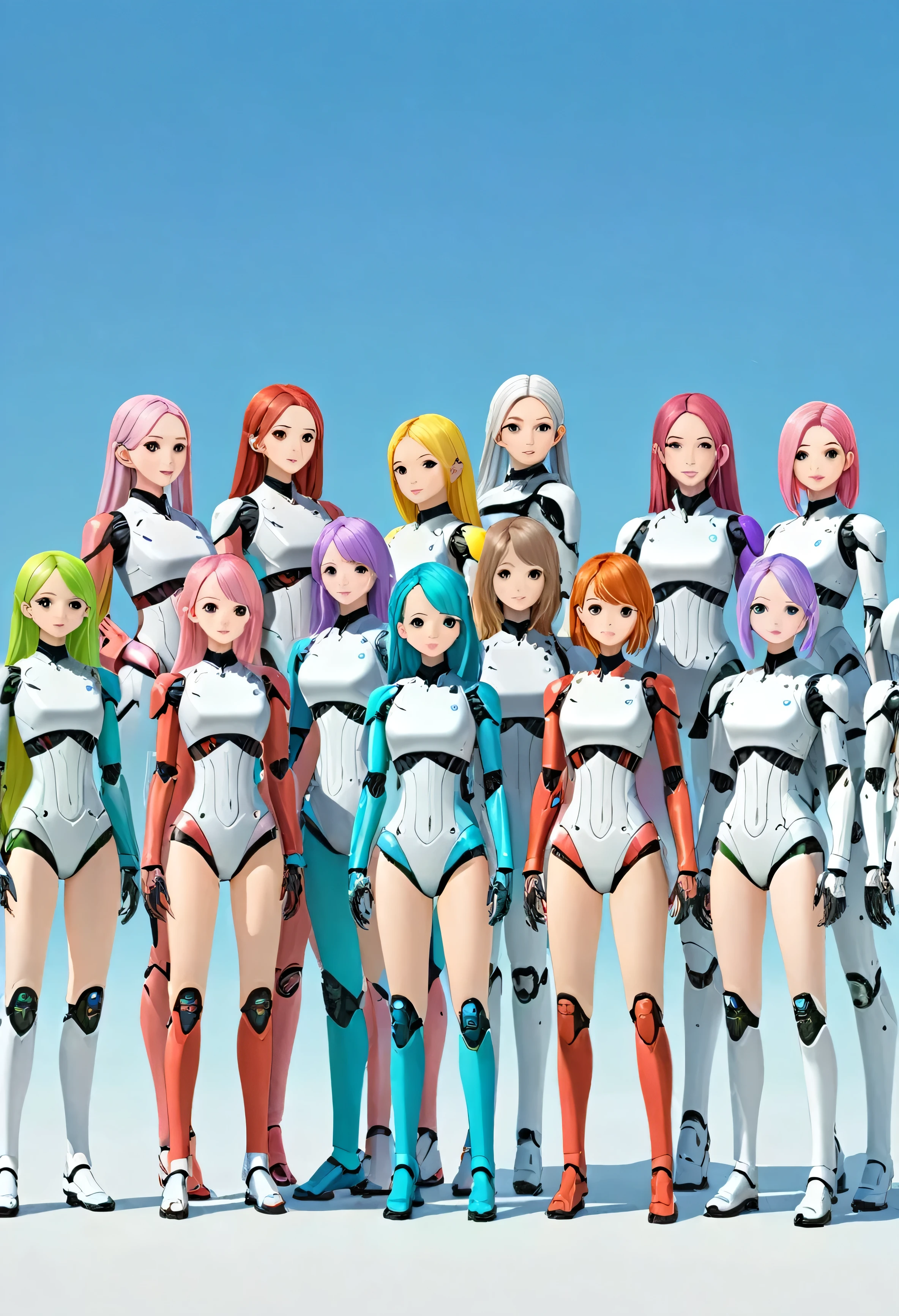 Lots of female androids,
 All are cute and pretty,
 All heights、hair color、Different systems,
 All of them have different top and bottom shapes. Full body shot,
 Masterpiece,
 Group selfie