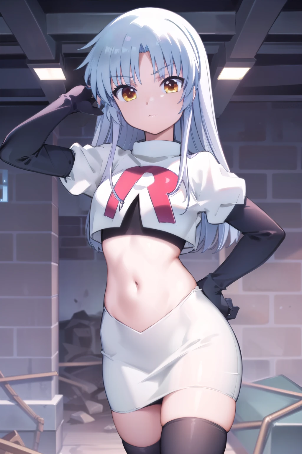 (((pixel-perfect, detail-perfect))), solo, 1girl, kanade tachibana, , looking at viewer, team rocket,team rocket uniform,white skirt,red letter R,crop top,black thigh-highs,black elbow gloves