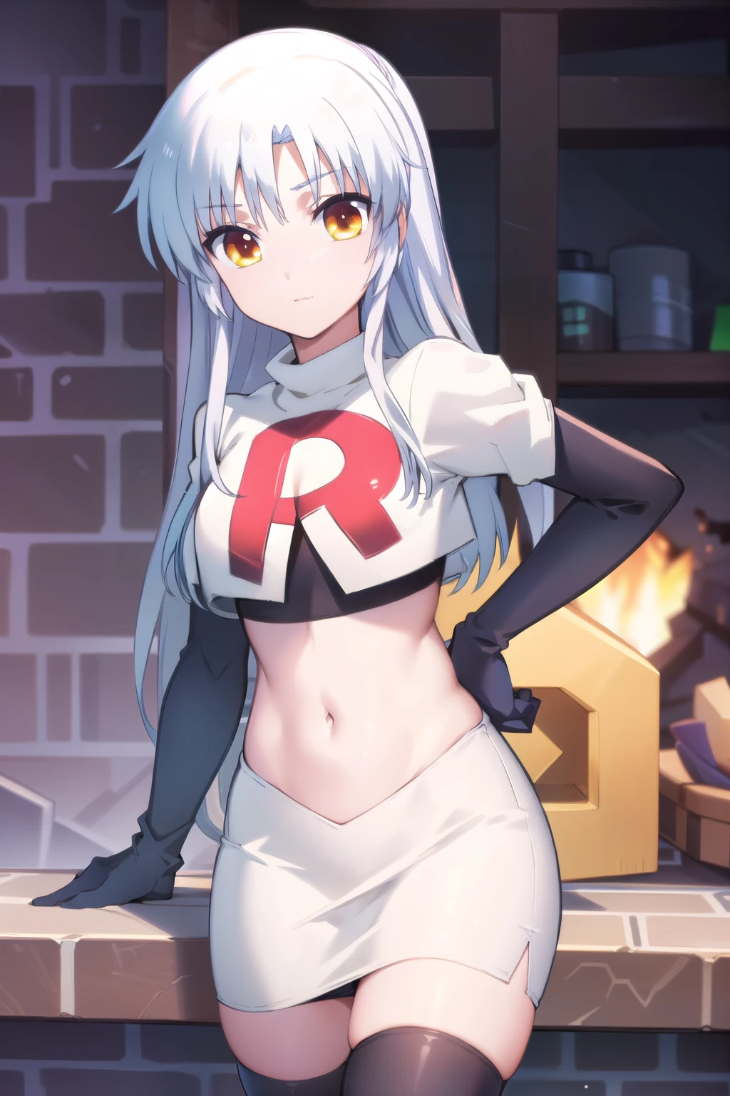 (((pixel-perfect, detail-perfect))), solo, 1girl, kanade tachibana, , looking at viewer, team rocket,team rocket uniform,white skirt,red letter R,crop top,black thigh-highs,black elbow gloves