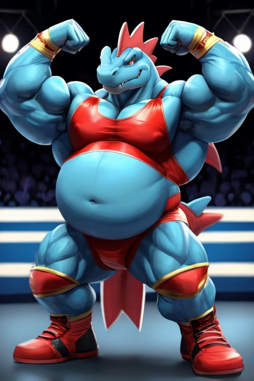 Feraligatr,, dressed like a wrestler, muscle gut,, big belly, tight clothes, flexing