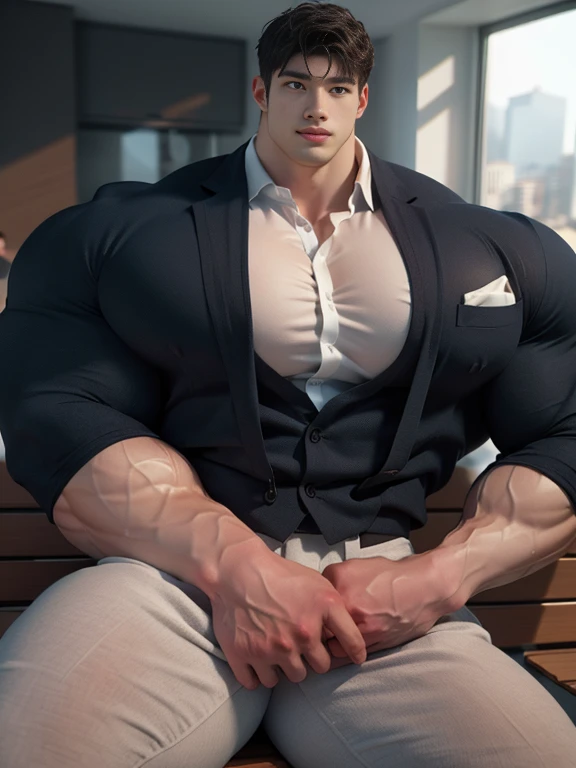 (best quality:1.5, hyperrealistic:1.5, photorealistic:1.4, madly detailed CG unity 8k wallpaper:1.5, masterpiece:1.3, enthusiastically detailed photo:1.2), (hyper-realistic lifelike texture:1.4), highly detailed, ((masterpiece, best quality)), retouched, extremely detailed 8K wallpaper, 1 korean male, (korean man with k-pop idol look), 20yo, looking at viewer, handsome, big guy, hyper muscle, giant muscular bodybuilder, bulk, massive body, large size, posing, stubble, sexy and hot, innocent, wearing stylish tailored suit and pants, in blue, photo real, illuminating light, indoor, sit on wide benches, eat salad