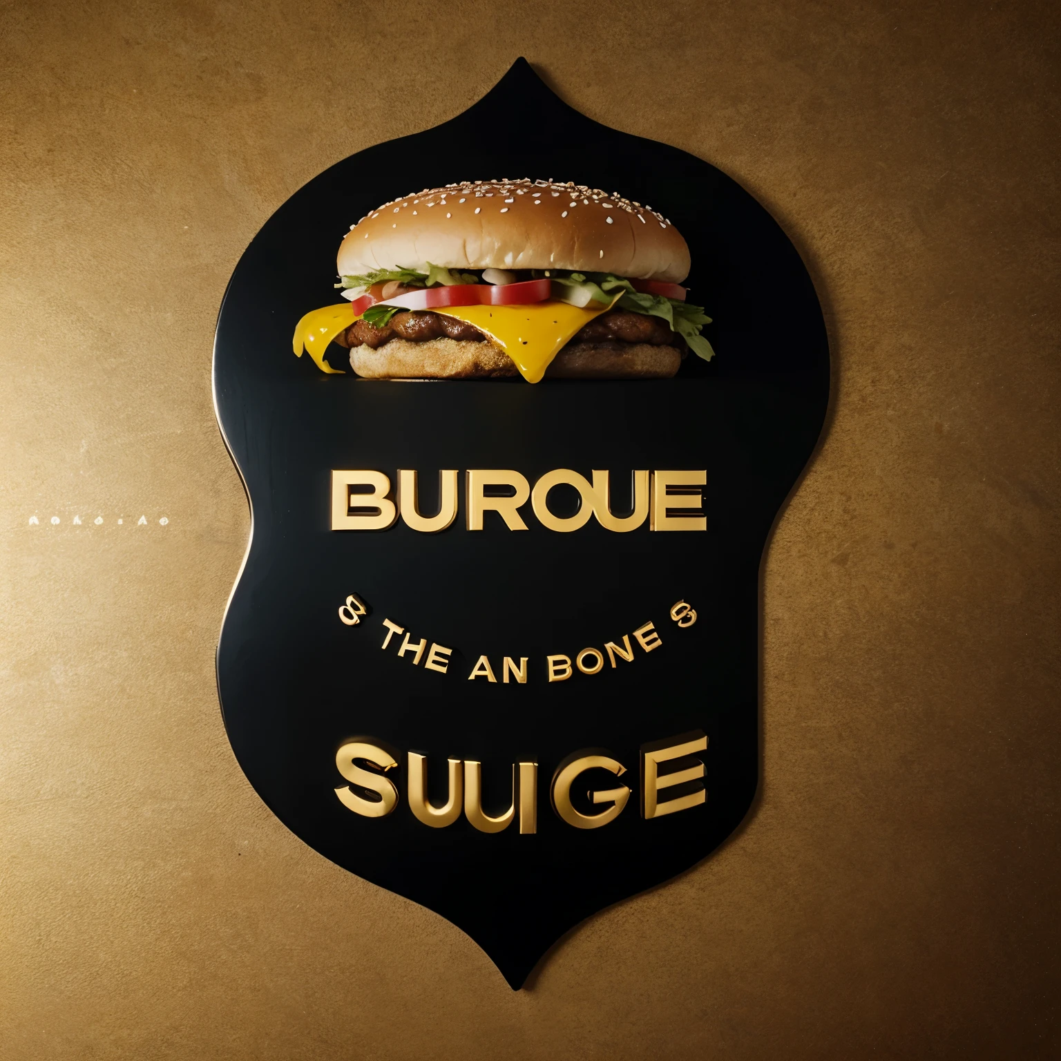 Imagine an elegant design with the name "Burguesa" escrito en una fuente de letra cursiva o serif en color dorado sobre un fondo negro. Debajo del nombre, a stylized icon of a hamburger with detailed ingredients and clean lines, also in gold color. Alrededor del nombre y el icono, algunos adornos sutiles, such as bay leaves or decorative lines, to add a touch of sophistication.