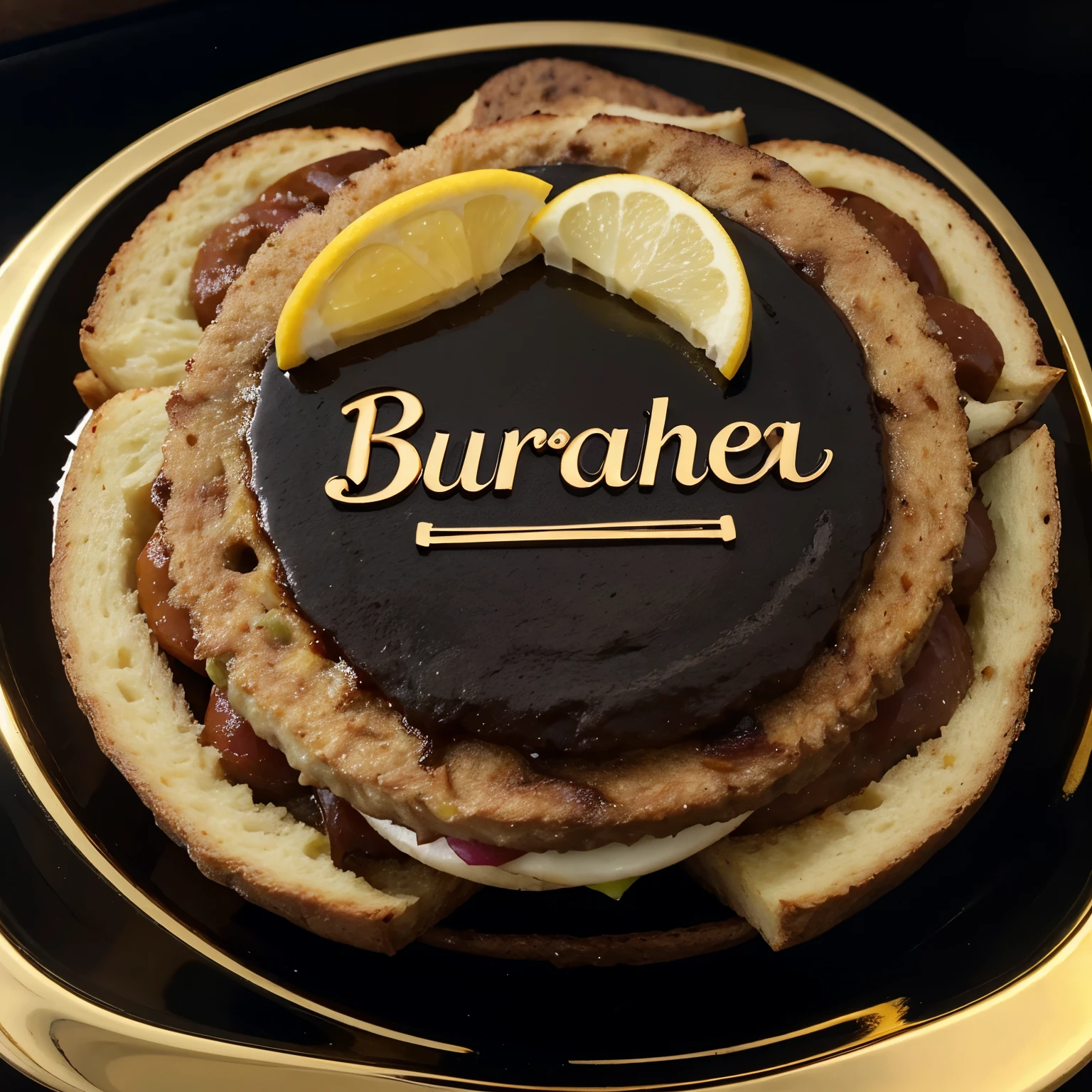 Imagine an elegant design with the name "Burguesa" escrito en una fuente de letra cursiva o serif en color dorado sobre un fondo negro. Debajo del nombre, a stylized icon of a hamburger with detailed ingredients and clean lines, also in gold color. Alrededor del nombre y el icono, algunos adornos sutiles, such as bay leaves or decorative lines, to add a touch of sophistication.