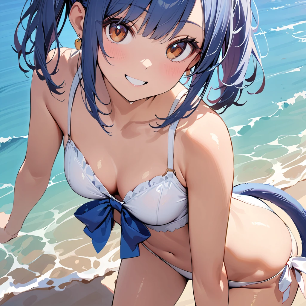 (Super details, Super Highest Quality, Super Highest Quality), super cute and beautiful girl, blue hair, cat ear, cat tail, (Splashing water droplets), a girl standing in the sea:1.5, bow, half Turn around body and looking up at viewer, 1girl,  slim waist, Japanese gal make up, ((ultimate realistic 15 years old cute Asian girl)), (tanned shiny skin:1.6), (very fine orgasming smile:1.5), (lite brown hear, half down two side up hair style, Straight hair type, Dark brown eyes, many earring pirs), Turn around and look at your audience, (Bring the girl's lower body down and her upper body closer to the viewer:1.5), shiny white bikinis, shoulder, beautiful face detail, Japanese Girl