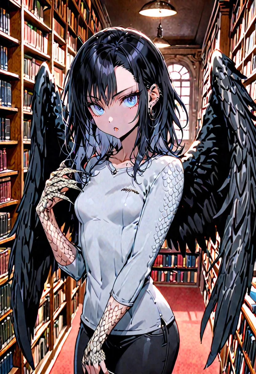 solo, female, sfw, medium shot, piercing ice blue eyes, Short sleek jet-black hair, Harpy, toned build, black wings, harpy, mischievous, small breasts, tight clothes, casual clothes, library, large wings, scales on hands, claws