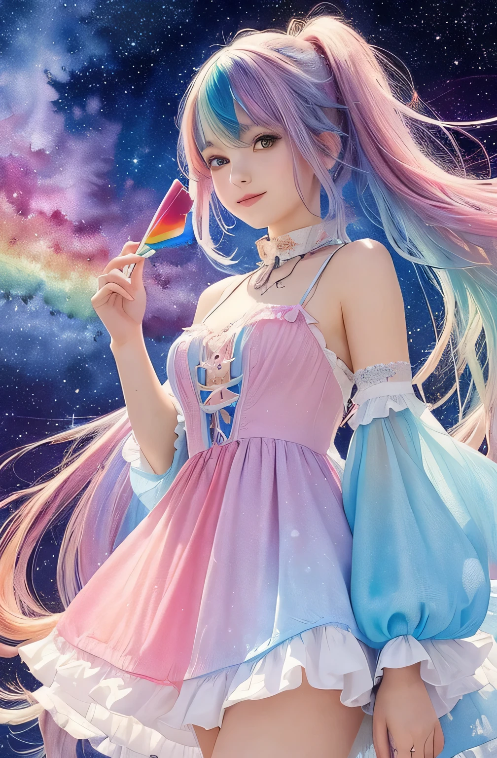 (masterpiece, highest quality, highest quality,watercolor (Moderate),Official Art, beautifully、aesthetic:1.2),(One girl:1.3), (Fractal Art:1.3),Upper Body,, View your viewers,pattern,(Rainbow Hair,colorful hair,Half Blue、Half pink hair:1.2),water,liquid, cloud,colorful, Starry sky,performer,from the front,Smile,See-through costume