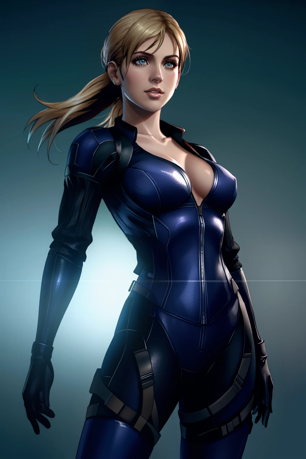 Jill Valentine RE5, 1 chica, solo, 8k, professional lighting, mapeo de fotones, radiosidad, physics based rendering, 4k, high resolution, obra maestra, mejor calidad, piel finamente detallada, Sharp focus, (cinematic lighting), clavicle, Soft lighting, al aire libre, mono, piel apretada, cabello rubio,, enfoque de espalda, mirando al espectador, cuerpo completo