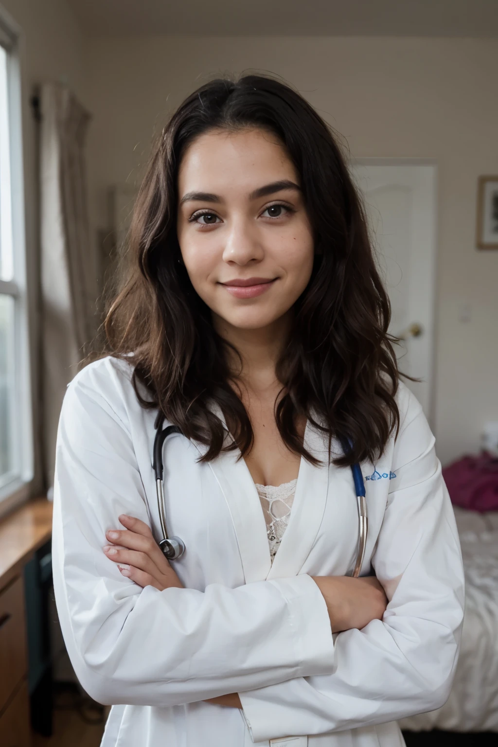 Ultra realistic and detailed image of young black college woman, rosto redondo, smiling softly and with curly dark hair who is not in profile for the photo but rather looking sideways in the photo with her arms crossed wearing a white medical coat and the background of the image of her room