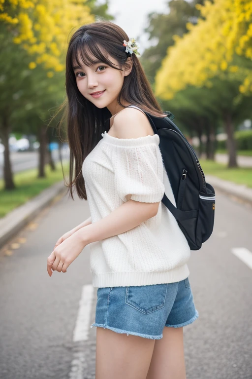 Highest quality,Shot from behind、,Face towards the viewer、Very attractive with a backpack, (((Standing and playing with a cute puppy))), Enjoy a lovely spring outing surrounded by beautiful yellow flowers and natural scenery. 1 girl,Cute face,smile,Off the shoulder、Erotic shorts、Knee socks、,Pink sneakers,The illustrations are in high resolution with 4K resolution., 12 year old girl with highly detailed facial features,Perfect hands,Perfect legs,