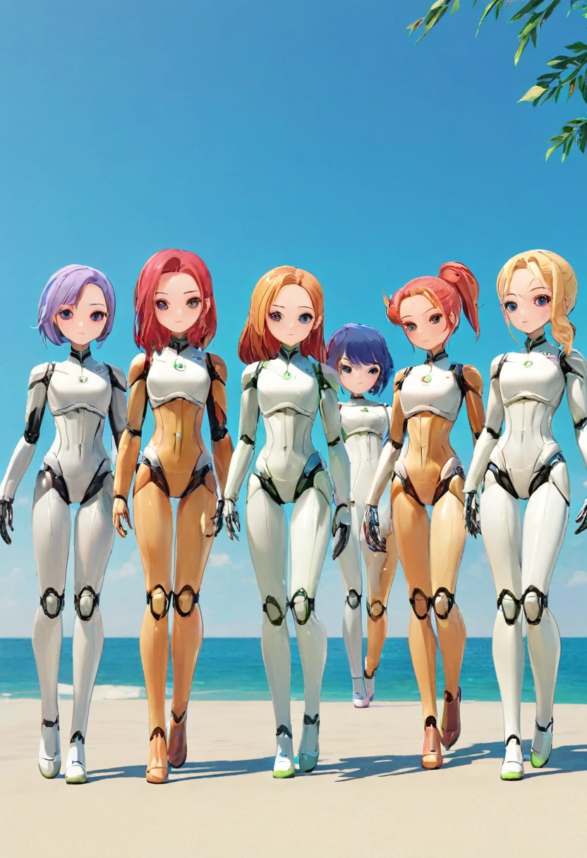 Lots of female androids,
 All are cute and pretty,
 All heights、hair color、Different systems,
 All of them have different top and bottom shapes. Full body shot,
 Masterpiece,
 Group selfie