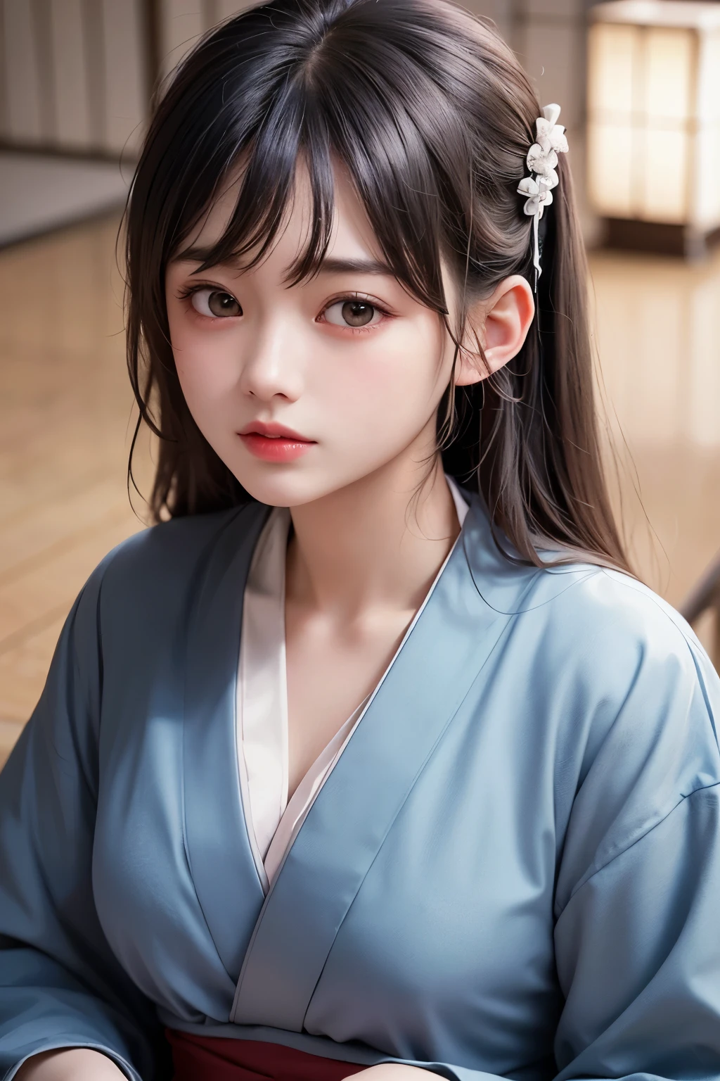(1 nogizaka girl,raw photo,photo realistic:1.5),(best quality, high quality,HDR, highest quality,ultra high resolution,high resolution,high res,ultra high difinition,huge file size,8K,2K wallpaper,8K wallpaper,high quality texture,amazing,an extremely delicate:1.4),one girl, Japanese famous idol,beautiful face,small face,absurd,ridiculous,incredibly ridiculous,portrait,breasts close up,blurry background,(hanfu,cleavage,no makeup:1.2),medium skin,beautiful skin,detailed skin,small head,black hair,silky hair,(Japanese eyes,round eyes:1.5),detailed eyes,black eyes,Japanese idol eyes,perfectly propotioned face,Japanese nose,5-fingers,(Light Particles, Lens Flare, Luminous Particles: 0.7),looking at viewer,bright lighting,professional lighting,girl