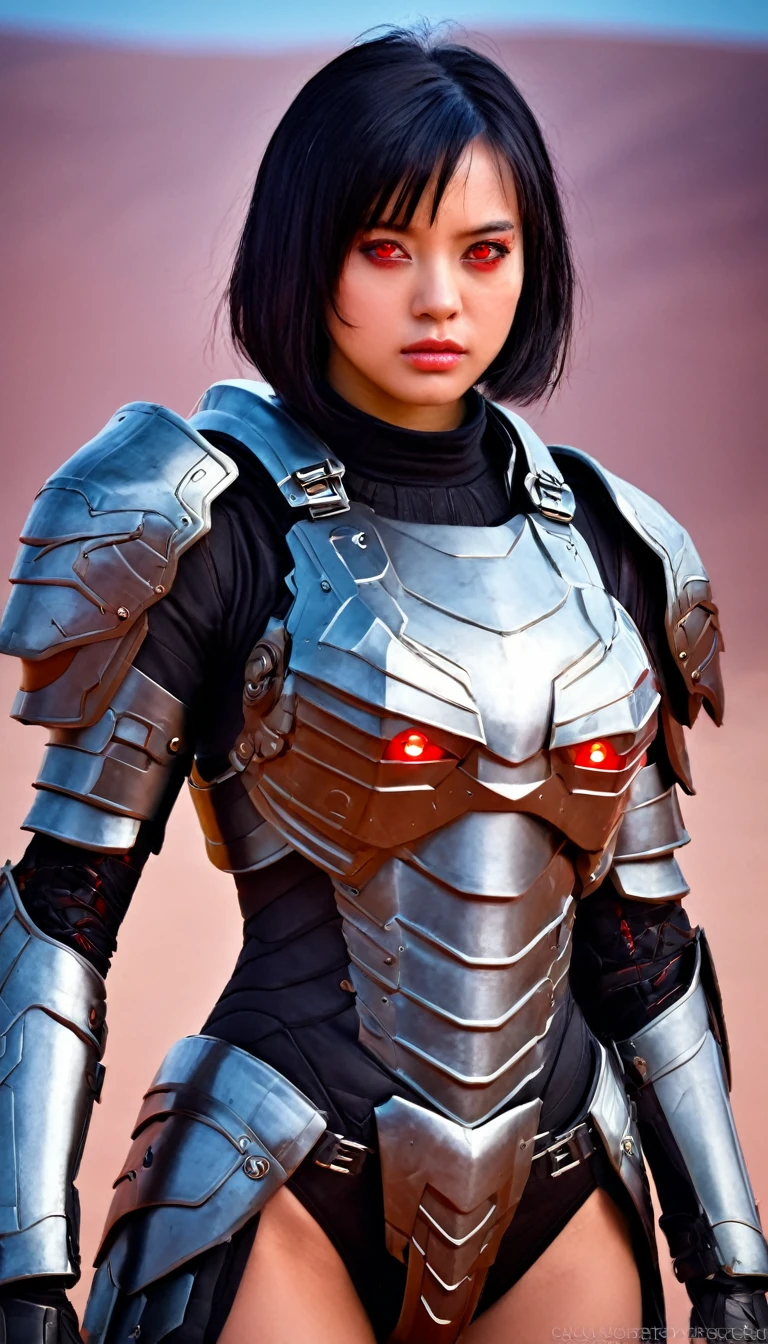 ((best quality)), ((masterpiece)), (detailed), perfect face, a girl wearing heavy armor, sci-fi armor, dessert background, black hair, red eyes, glowing eyes,