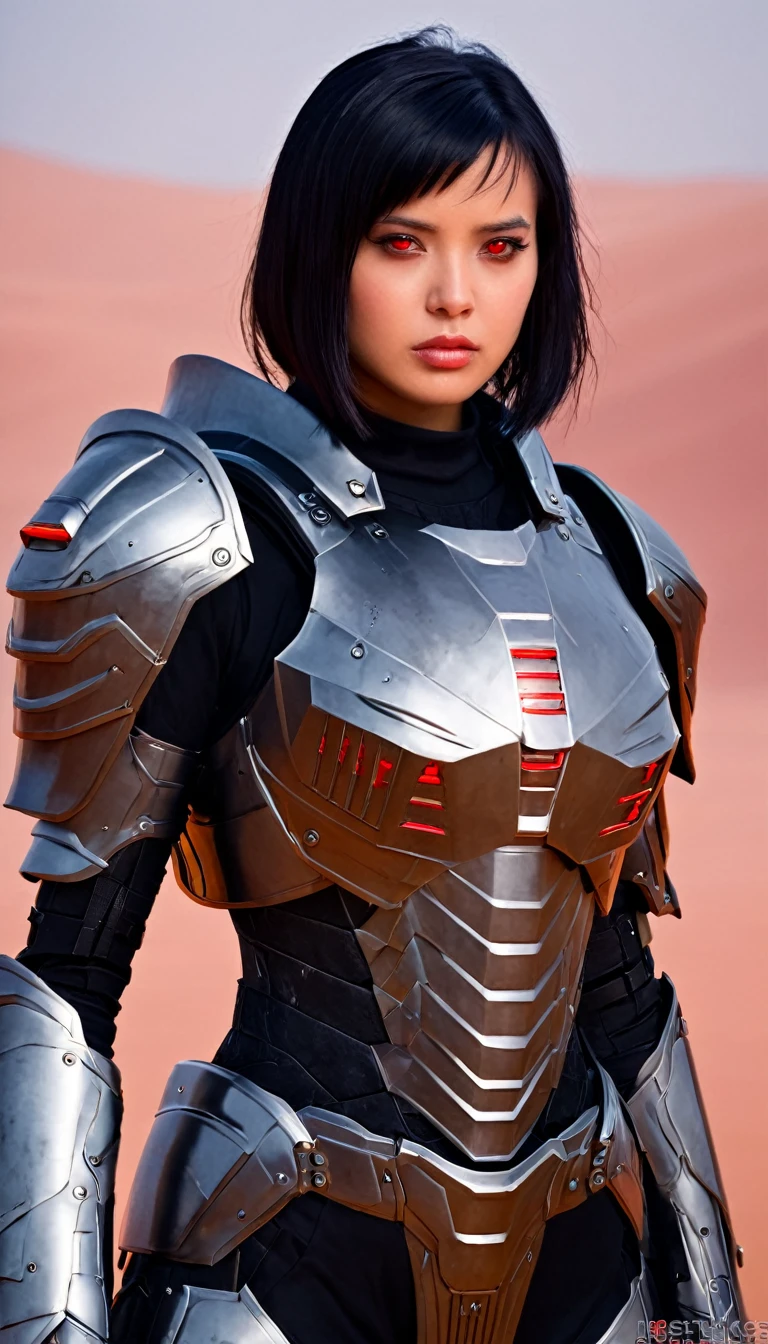 ((best quality)), ((masterpiece)), (detailed), perfect face, a girl wearing heavy armor, sci-fi armor, dessert background, black hair, red eyes, glowing eyes,