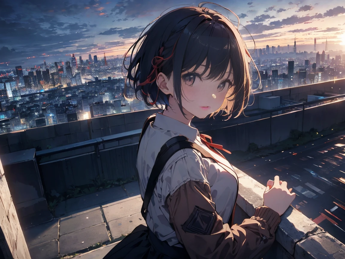 Tabletop, highest quality, figure, wallpaper, Super detailed, Absurd, One Girl, alone, (Medium Short Hair、Short braided hair), Beautiful fine details, (street:1.3), Bright Sky、Hair blowing in the wind, (Panoramic View:1.3), (Depth:1.5), (Long Shot:1.3)