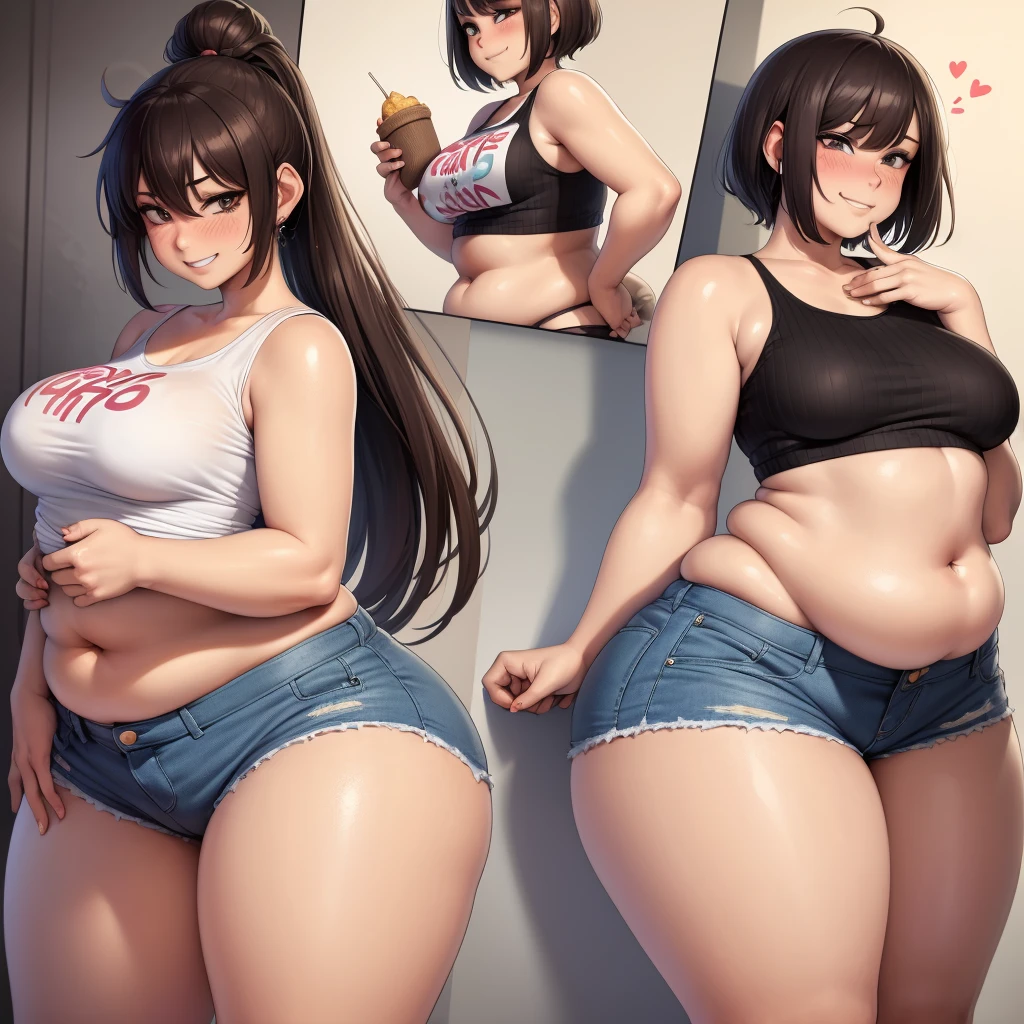 Two beautiful gorgeous sexy curvy tomboy women wearing a crop top and booty shorts force feeding each other until obesity, blushing, grinning, accidentally cute pose, she knows you’re trying to make her fatter, she loves you, heavy chubby belly, large round breasts,