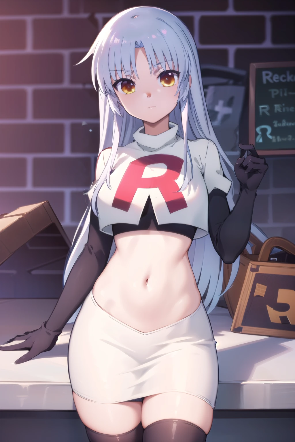 (((pixel-perfect, detail-perfect))), solo, 1girl, kanade tachibana, , looking at viewer, team rocket,team rocket uniform,white skirt,red letter R,crop top,black thigh-highs,black elbow gloves