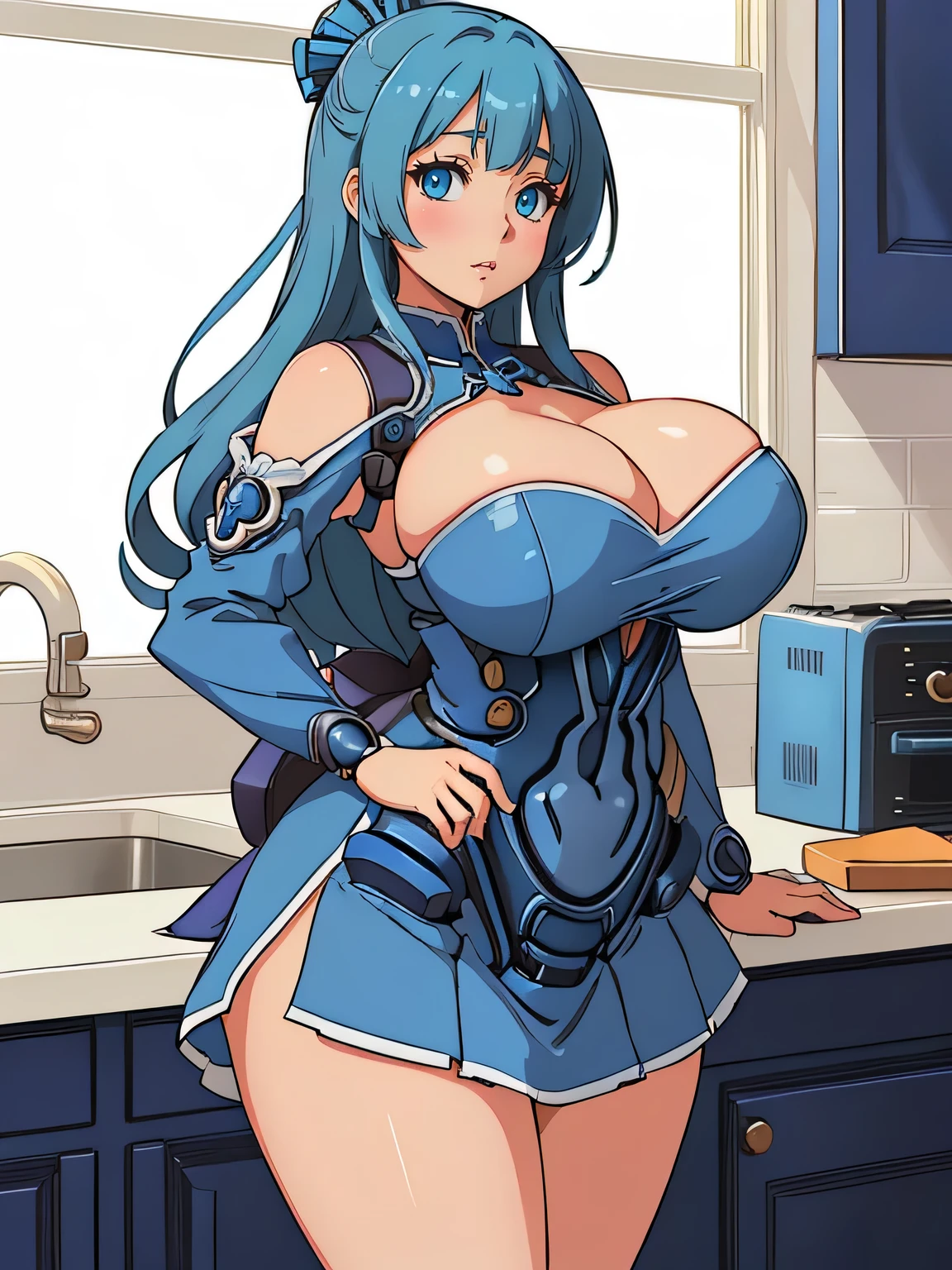 Anime girl in blue clothes posing in the kitchen, Enchanting anime girl, , have large breasts, Big Breasts!, have large breasts, Highly detailed art gems, biomechanical tits, thick, tits, Fully clothed!!!, Big Breasts!!, On pixiv