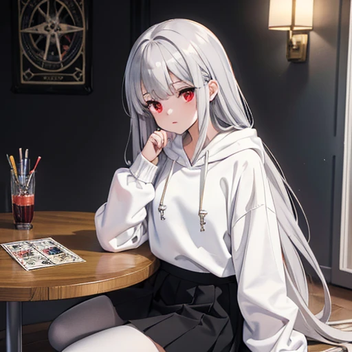 Sit with your elbows on the desk,(Silver long hair,bangs,Sharp eyes),Red Eye,Dimly lit room,Cute sweets,(Oversized off-white hoodie,Black long skirt,Grey tights),tarot cards on the table,