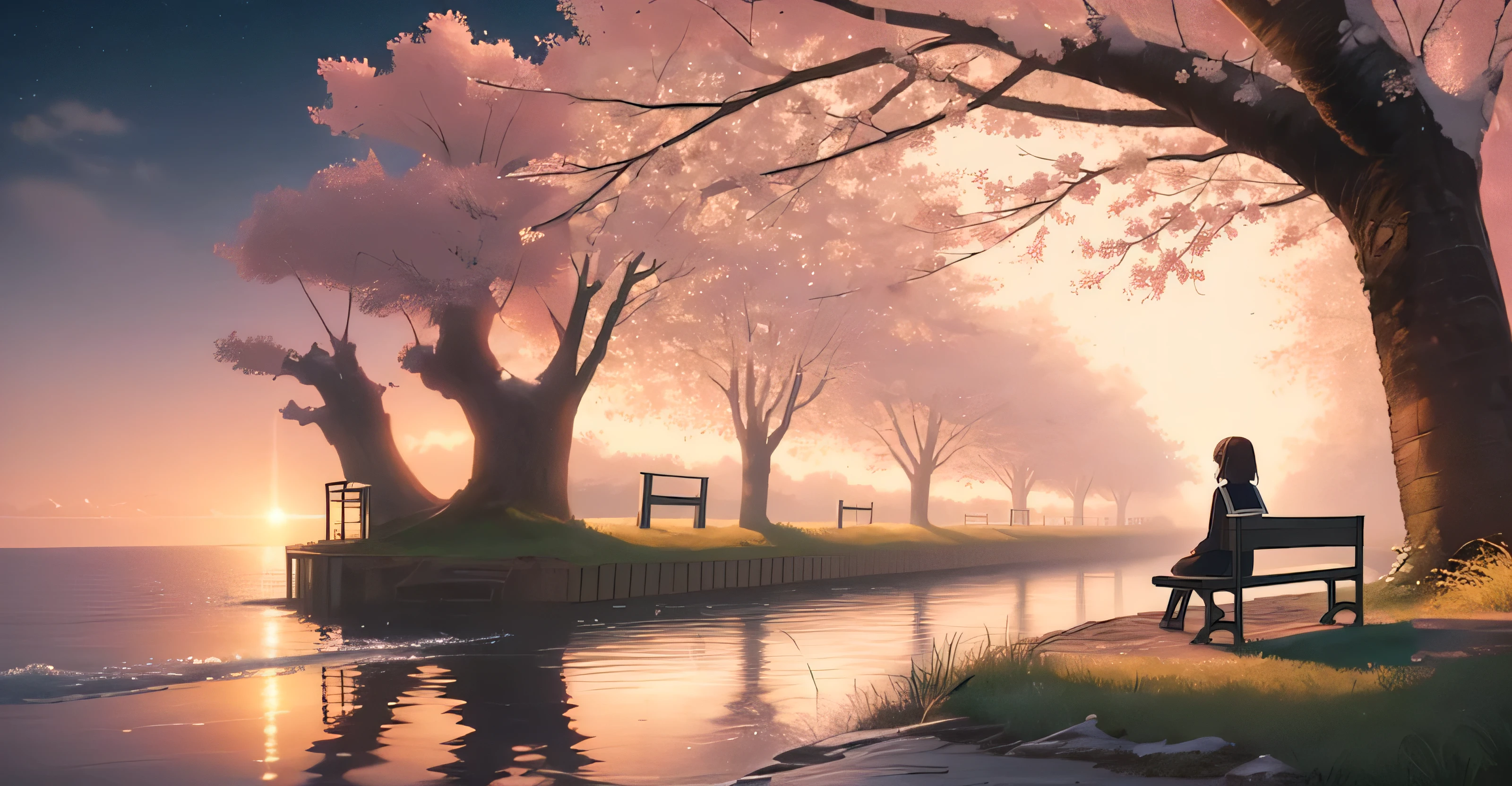 Woman sitting on a bench by the water, Beautiful peaceful scene in anime, makoto shinkai. Digital Rendering, makoto shinkai cyril rolando, Beautiful anime scene, In the style of Makoto Shinkai, makoto shinkai. —h 2160, anime art wallpaper 8k, Makoto Shinkai&#39;s art style