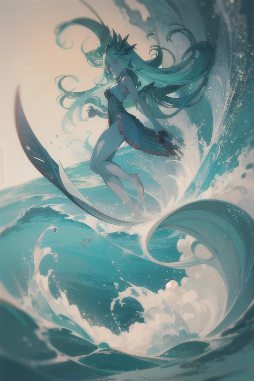 Merfolk creature with blue skin and fins holding a machete under an ocean wave