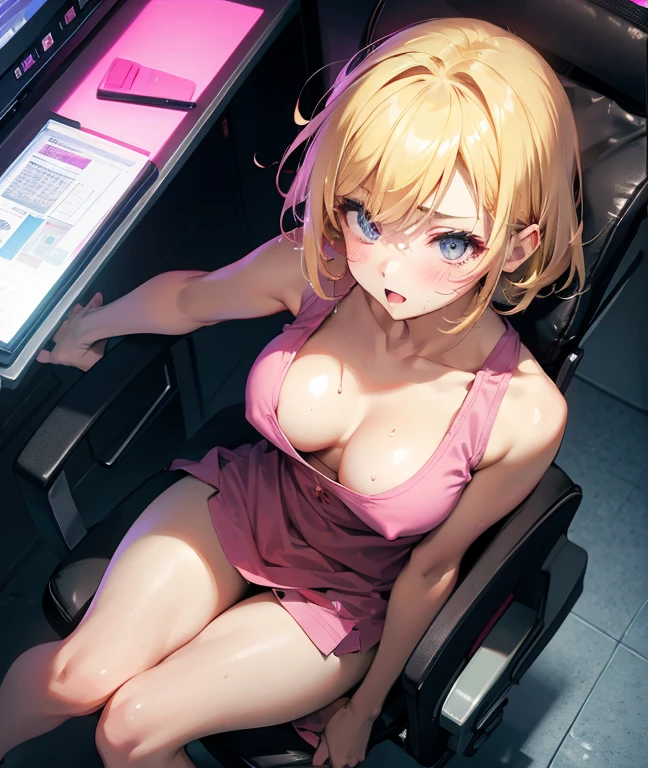 pink chair, Gamerchair, Gamer Girl, cute, Blonde,, short hair, masturbation behavior, Touch yourself, Place your hands on your thighs, sexy, Beautiful body, Super detailed, anime, egirl, Blushing, Drooling, Embarrassing, transformation, One girl, alone, 4K, wallpaper, Wet body, super transformation, orgasm, when, shout, liquid,, Rough Chest Tank Top、Nipples、Touch your chest