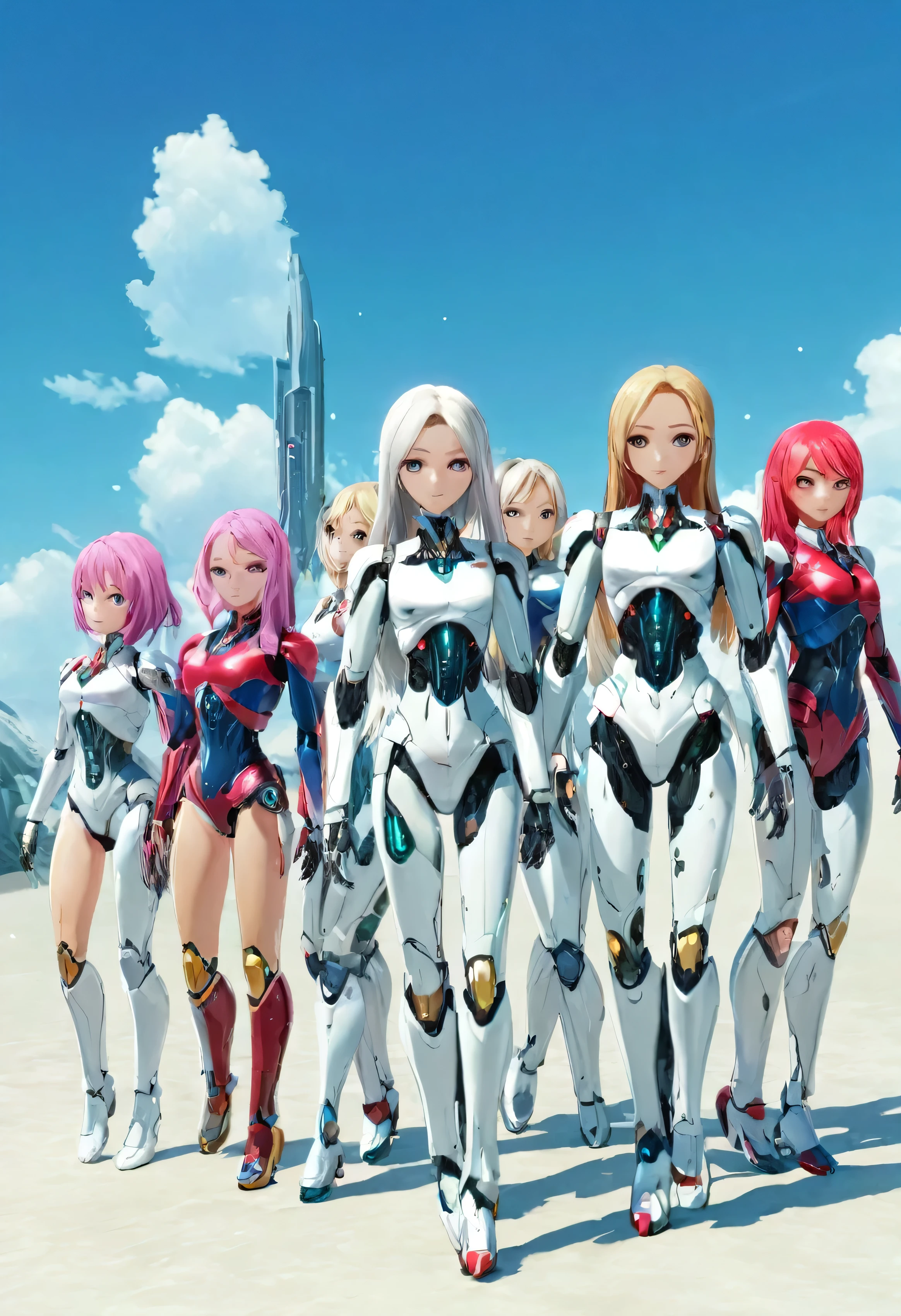 Lots of female androids,
 All are cute and pretty,
 All heights、hair color、Different systems,
 All of them have different top and bottom shapes. Full body shot,
 Masterpiece,
 Group selfie