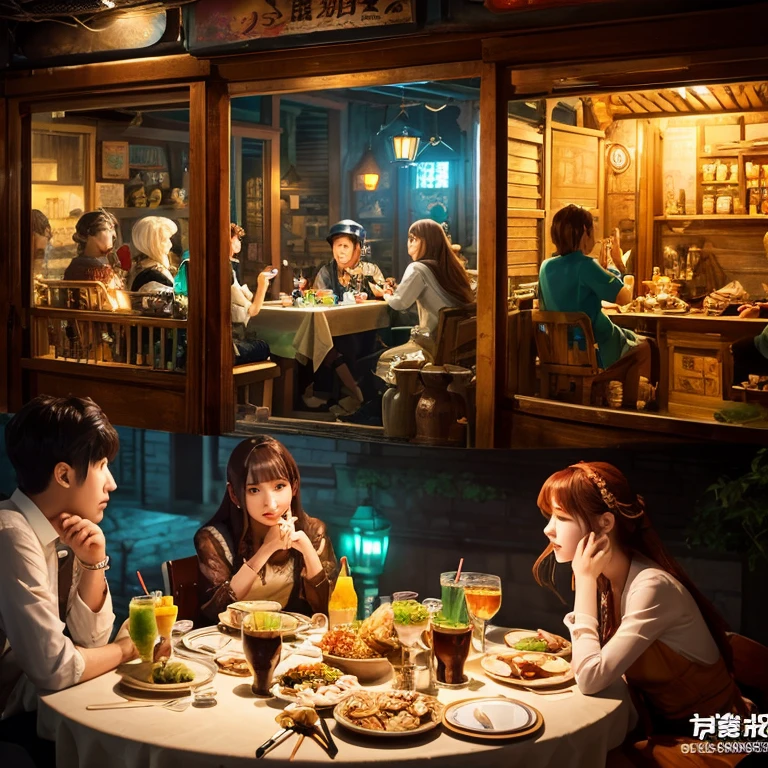 A group of anime characters sitting around a table，Enjoying food and drinks，The atmosphere is lively and lively。The roles have（Beautiful and delicate eyes，Beautiful and delicate lips，Extremely detailed eyes and face，Long eyelashes）。They are depicted in popular anime style，Set in an otherworldly environment with fantasy elements。The scene resembles a still from the TV anime series，Captures moments of everyday life in the world of animation。 This work of art has（high quality：1.2、4k resolution、lifelike），Featuring ultra-detailed visuals，Exhibits complex design of characters and environments。Lighting is carefully designed，Bright colors，Focus is clear，Create a studio-like atmosphere。Rich scene textures，showing traditional illustrations、oil painting、3D Rendering、The use of various materials such as photography technology。 There are all kinds of delicious food around the characters（anime themed food：1.1、Mouthwatering desserts、unique drinks），Create an active atmosphere。The food is intricately detailed，Demonstrates the artist&#39;s attention to detail in creating appetizing and visually appealing dishes。The scene is reminiscent of a festive gathering，Highlight the joy of sharing food and companionship。 The composition and framing of the artwork captures the essence of the anime genre，Emphasis is on character interaction and dynamic poses。Each character&#39;s personality comes through in their expressions、poses and clothing show，Adds depth and complexity to scenes。the background depicts an otherworldly environmen elements are inspired by fantasy and adventure。 （concept art：1.1、landscape、portrait）The use of technology adds depth and dimension to the overall artwork。 The color palette is vibrant and eye-catching，A mix of warm and cool colors。it enhances the atmosphere of the scene，Increases the overall visual impact。The lighting is carefully arranged，Create a sense of depth，Highlights and shadows give characters and environments a three-dimensional feel。The scene is bathed in warmth、under seductive light，Emphasize joy and lively atmosphere。 generally，This artwork captures anime characters’ moments of friendship and enjoyment in otherworldly settings。It showcases the artist&#39;s skill in capturing the essence of the anime genre，and their attention to detail in creating stunning visuals and immersive artwork。high quality的視覺效果、Vibrant colors combined with intricate details，making this work a masterpiece in the anime world。