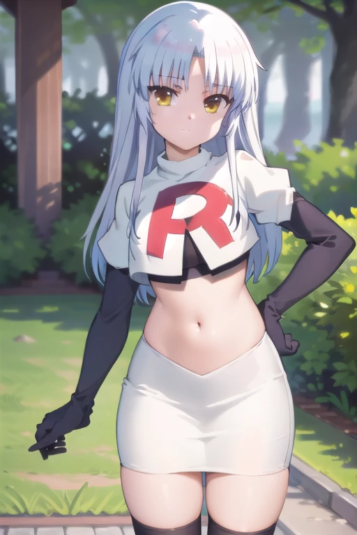 (((pixel-perfect, detail-perfect))), solo, 1girl, kanade tachibana, , looking at viewer, team rocket,team rocket uniform,white skirt,red letter R,crop top,black thigh-highs,black elbow gloves