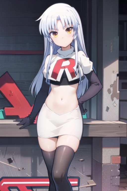 (((pixel-perfect, detail-perfect))), solo, 1girl, kanade tachibana, , looking at viewer, team rocket,team rocket uniform,white skirt,red letter R,crop top,black thigh-highs,black elbow gloves