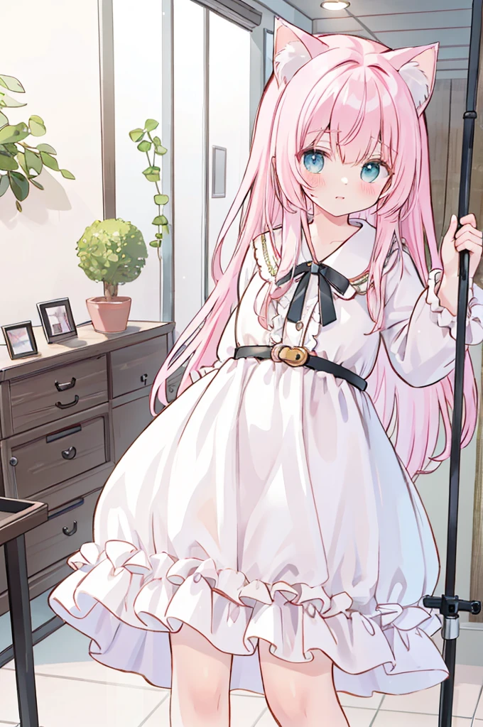 Ridiculous solution, Super detailed, (Highest quality illustrations), 8k, Ultra-high resolution, Cowgirl Shooting, Simple background, Cat ear、Shy、Embarrassing、viewer's perspective、Kamiaki、Upper part of the body、((1 Girl、exist))A straw hat、piece、Brown hair、Wave、向观众Wave致意、((((8k、))))、review、facing rear、Rear view、(viewer's perspective)