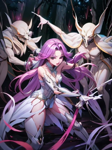 highest quality、Browsing Caution、constrained、conversion、rape、Battle of Despair、Beautiful woman with long light purple hair、white bikini armor、Sleeveless Light Blue See-Through Celtic Dress 1:5、Light blue see-through long skirt、、Tears overflow、scream、run away、Attacked by mutants 1:5、Many violent mutants 1:5、Mutant Holding Arm、Mutant attacks from behind、Mutant grabs leg、Mutant Swarm 1:5、Different world、Dark fantasy、Midnight Forest、Pitch Black Hell