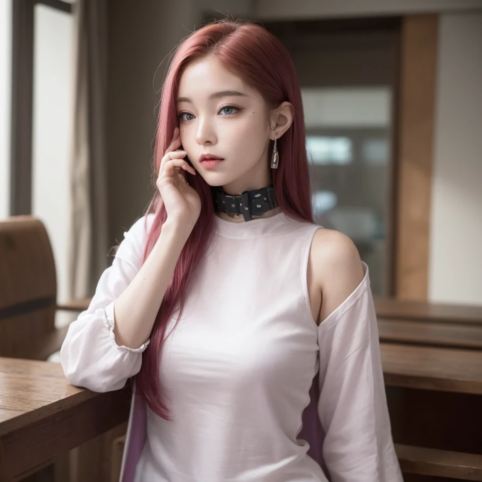 Photo of a college student, Purple-pink gradient,(((kneel)))Futuristic Linen Cotton, (Color tattoo:0.8) Cute face, Science Fiction, Dystopia, Delicate eyes, Heterochromia of the Eyes((side view))Back Room,Breathable wine red hair