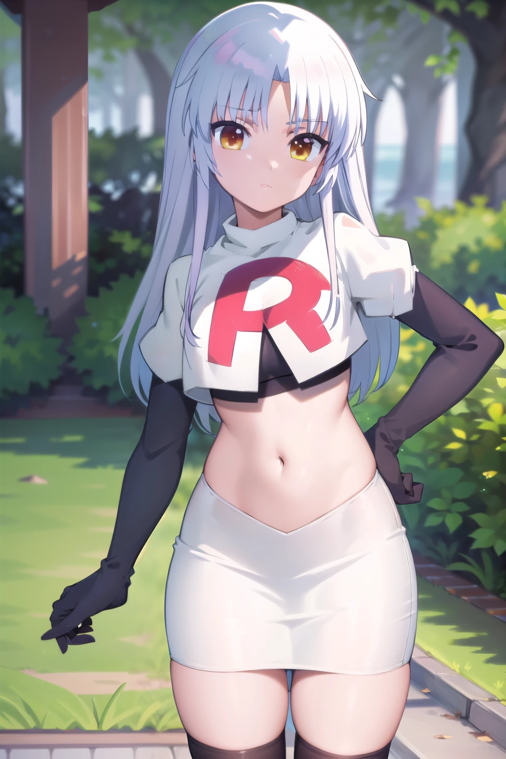 (((pixel-perfect, detail-perfect))), solo, 1girl, kanade tachibana, , looking at viewer, team rocket,team rocket uniform,white skirt,red letter R,crop top,black thigh-highs,black elbow gloves