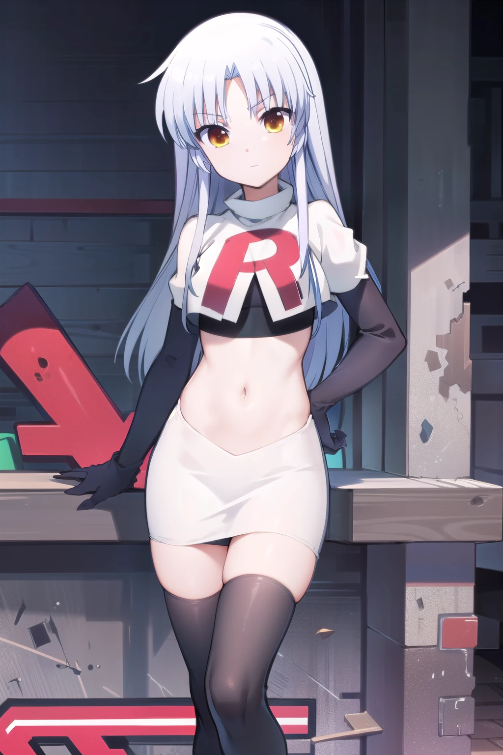 (((pixel-perfect, detail-perfect))), solo, 1girl, kanade tachibana, , looking at viewer, team rocket,team rocket uniform,white skirt,red letter R,crop top,black thigh-highs,black elbow gloves