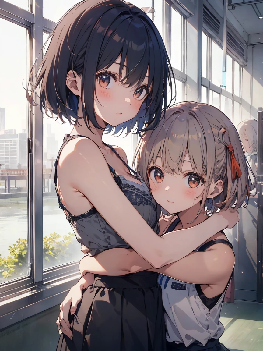
(highest qualityのイラスト:1.2), (cute girl:1.1), (1 girl, alone:1), (2 girls、8-year-old、、、small、cute、cute、small胸、
Very detailedな目:1.2)、(Yuri、kiss、Hug from behind、grab、eyes half closed、eye contact:1.Sweat、I was embraced、blush:1.1)、 
break White Bra、ピンクのgood、Blue Bra、Green bra、Grey Bra、light Grey Bra、 Striped bra、水玉模様がgood、goodチェック柄、
cute、good、kids good、sporty、camisole、Cotton panties、School Skirt、Blake Black Hair、Blue Hair、Brown Hair、extra belly short hair、
short hair、Middle Hair、Hair length、Wavy Hair、Curly Hair、Pale pink braids、Princess Cut、Bobcut、Twin tails、低いTwin tails、
ponytail、ライトブルーのローponytail、break(locker room:1.2)、(evening、evening、Orange sunlight:1.2)、 break(highest quality、Very detailed、Very detailed and beautiful
、超A high resolution、Arm details:1.2)、Browsing Caution　Beautiful Pool
