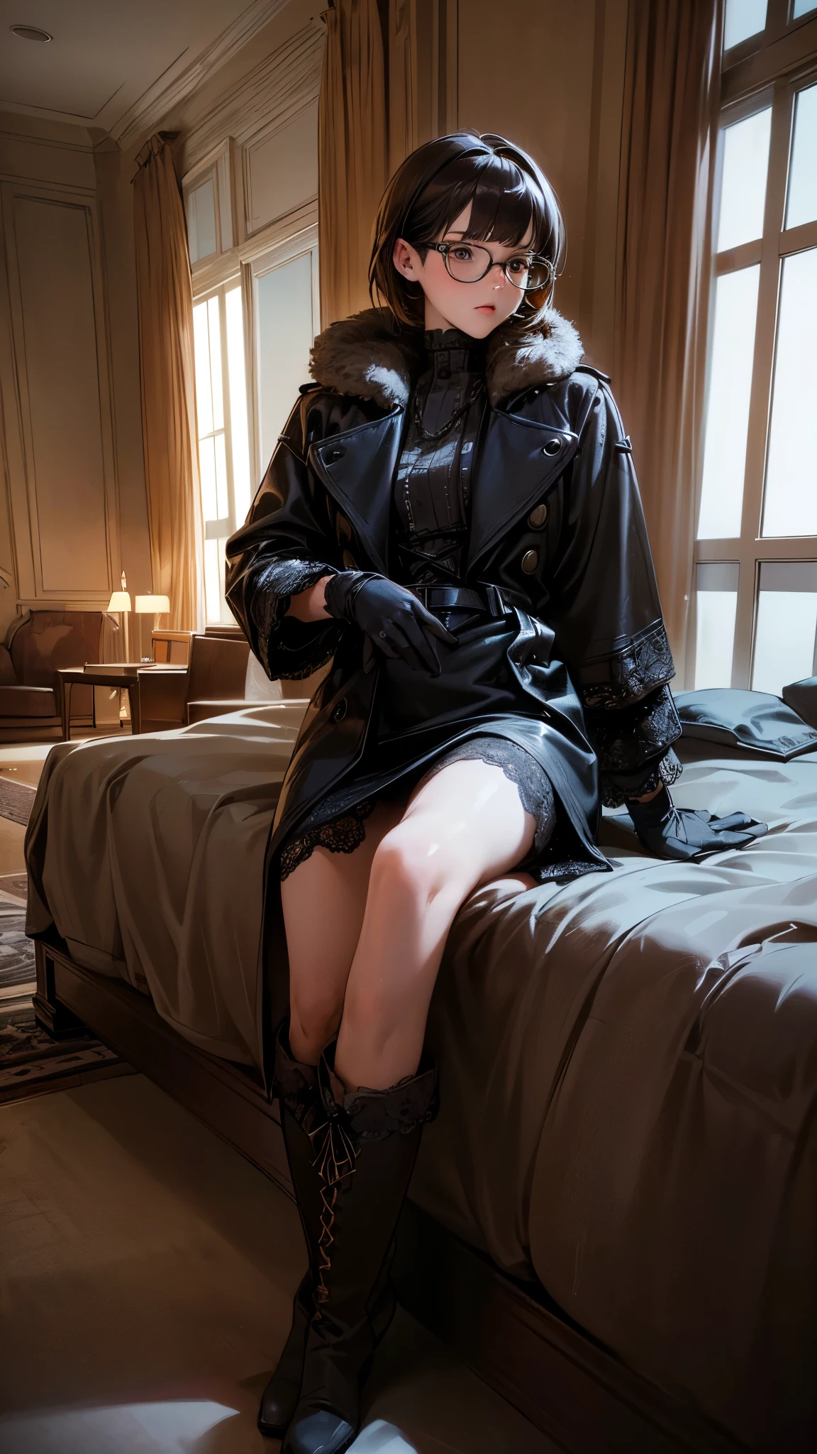 (highest quality, High resolution), Very detailed, (Realistic: 1.37), Inside the hotel room, (whole body),30-year-old woman,Slender body, She wears glasses, Brown short bob hair, intense,(dark), [Nervous eyes],((She is wearing a fluffy trench coat,Black gloves,Black knee-high lace-up boots)).