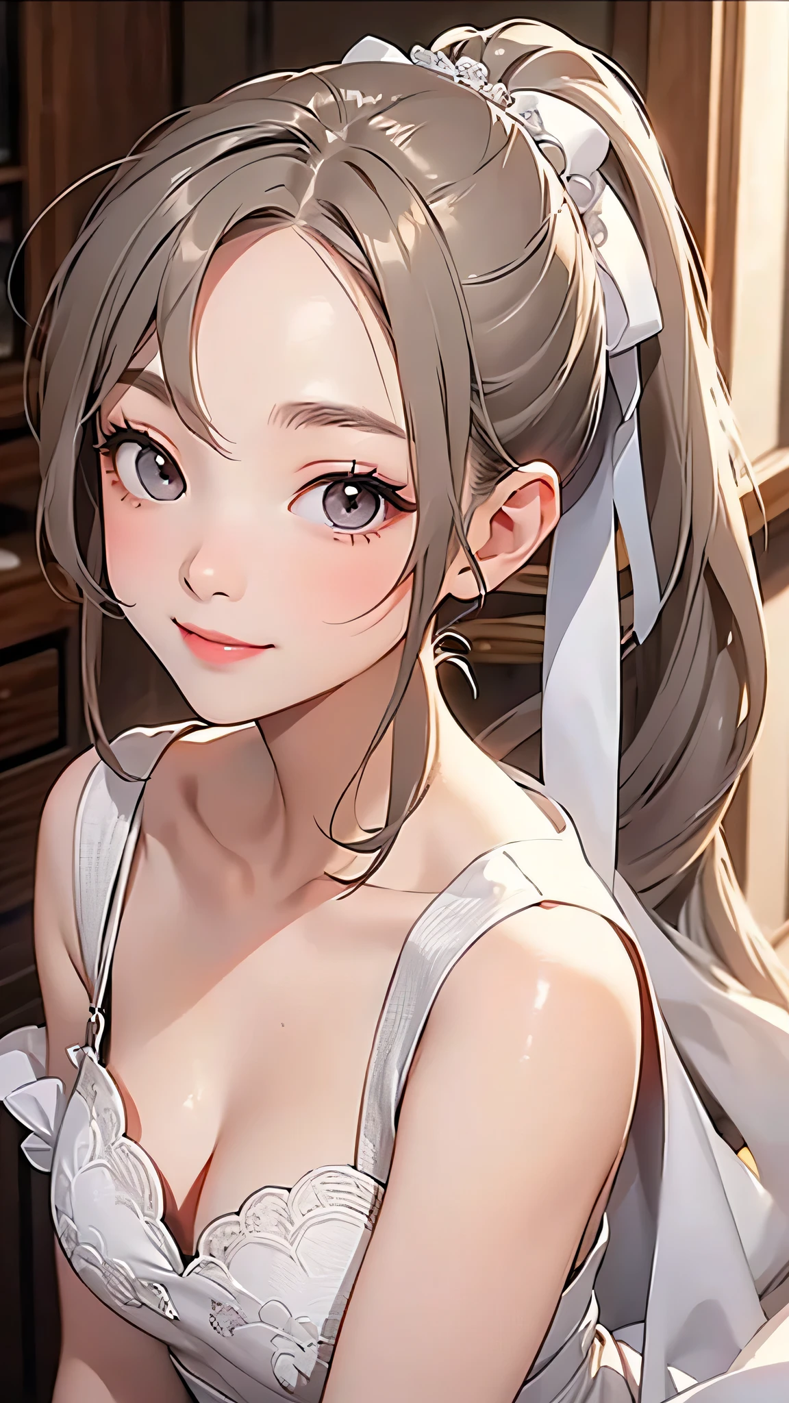 highest quality、Realistic、girl、Japanese、zoom、cute、Gray Eyes、Chestnut Hair、Long Ponytail、Bridal Dresses、Face close-up、smile、thin、Small breasts、