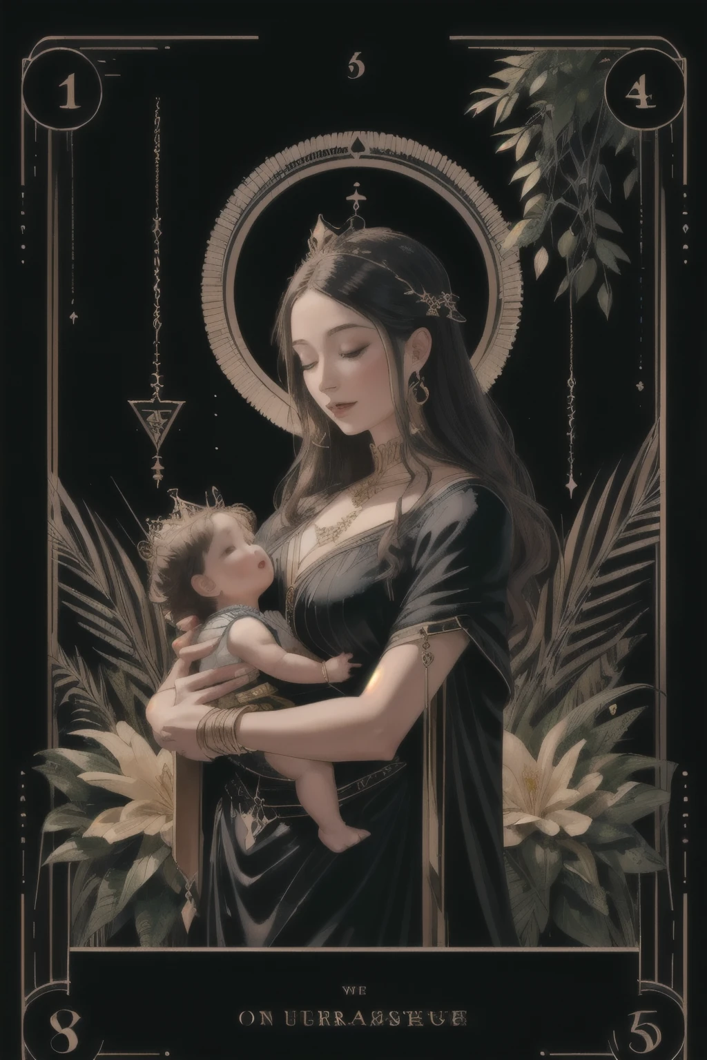 (highest quality, masterpiece), (Tarot, Tarot card,:1.1)  Queen: A nurturing figure surrounded by symbols of abundance and fertility. Painting a woman in a lush garden, Exudes maternal energy、surrounded by nature.,  Black background, Golden, Upper Body, 