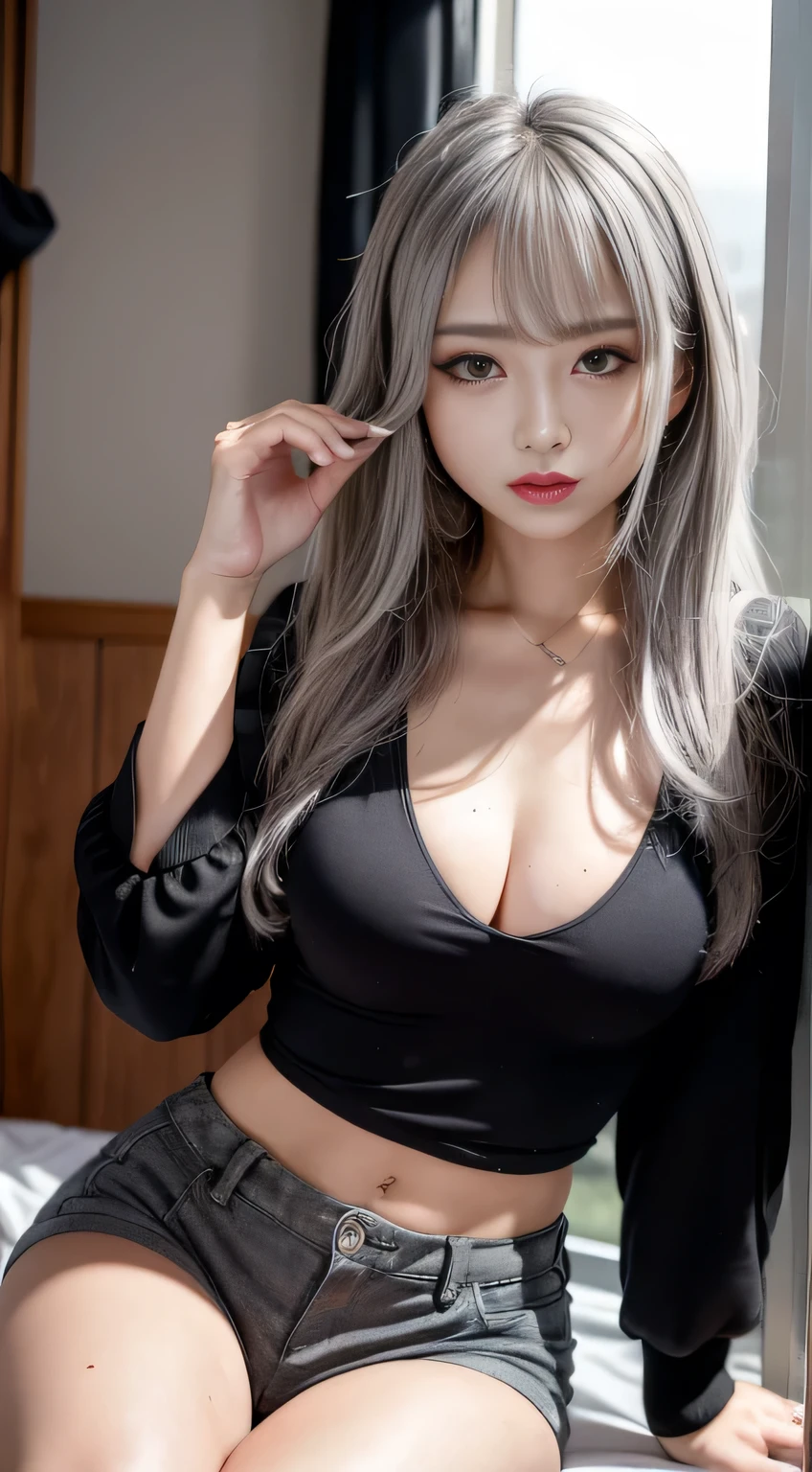 highest quality, masterpiece, High resolution, 8k, (reality: 1.4), Ultra High resolution, 1 girl, Ray Trakun, ///one person, The most beautiful, 20-year-old , (sexy, Japanese Idols), (Gray Hair:1.2), Long Hair, ///Human details Shiny skin , Detailed skin , Beautifully detailed face , Beautiful details , beautiful 歯, /// break (double eyelid, Droopy eyes), Natural Makeup, Natural Lip, (Brightly colored large breasts:1.2), small mole around the eye,Sunburn, Super detailed, Surreal, Highly detailed CG illustrations, Official Art, Cinematic Light, reality, Young and beautiful girl, Perfect figure, Perfect figure, panoramic, Perfect body, (From: 1.3), Pause, Sexy long legs, have confidence, Beautiful sexy, Black blouse, Opening the Abdomen, Black Super Shorts, S-shaped body, Upturned hips, Sitting,Pause, Brushing her hair back