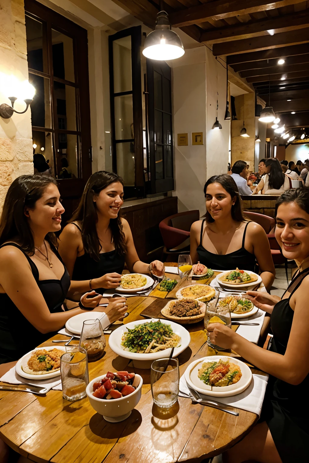 grupo de amigas  de buen cuerpo almorzando en restaurante de barcelona